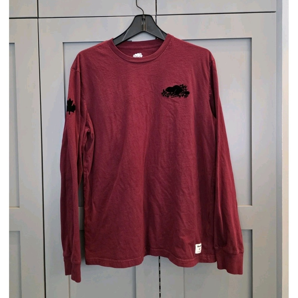 Roots Canada Mens Cooper Beaver Long Sleeve T-shirt Sz M Burgundy Casual Comfort